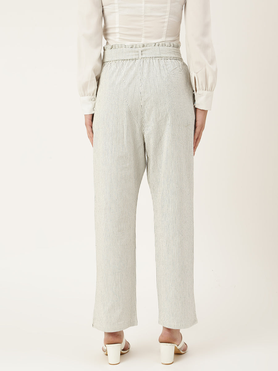 White Stripe Ruffle Trim Drop Shoulder Top Drawstring Loose Pant Set main image 0