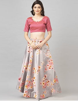 Women's Digital Print Shiney Satin Lehenga Choli With Dupatta And Unstitched Blouse