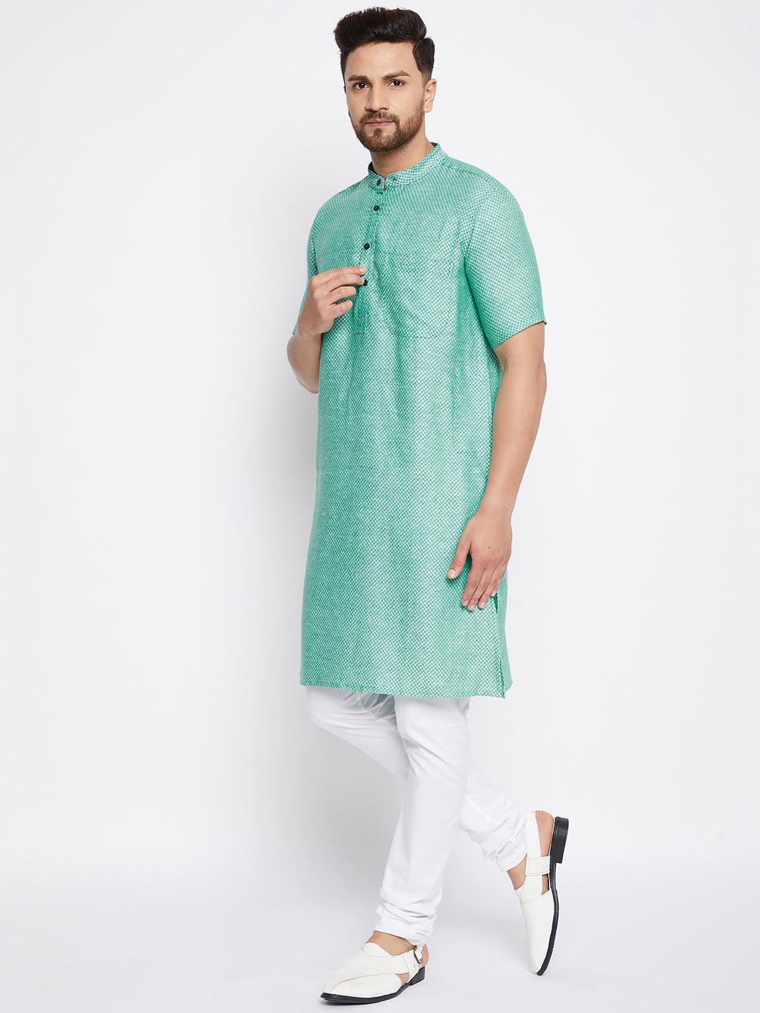 Men's Cotton Striped Green Kurta