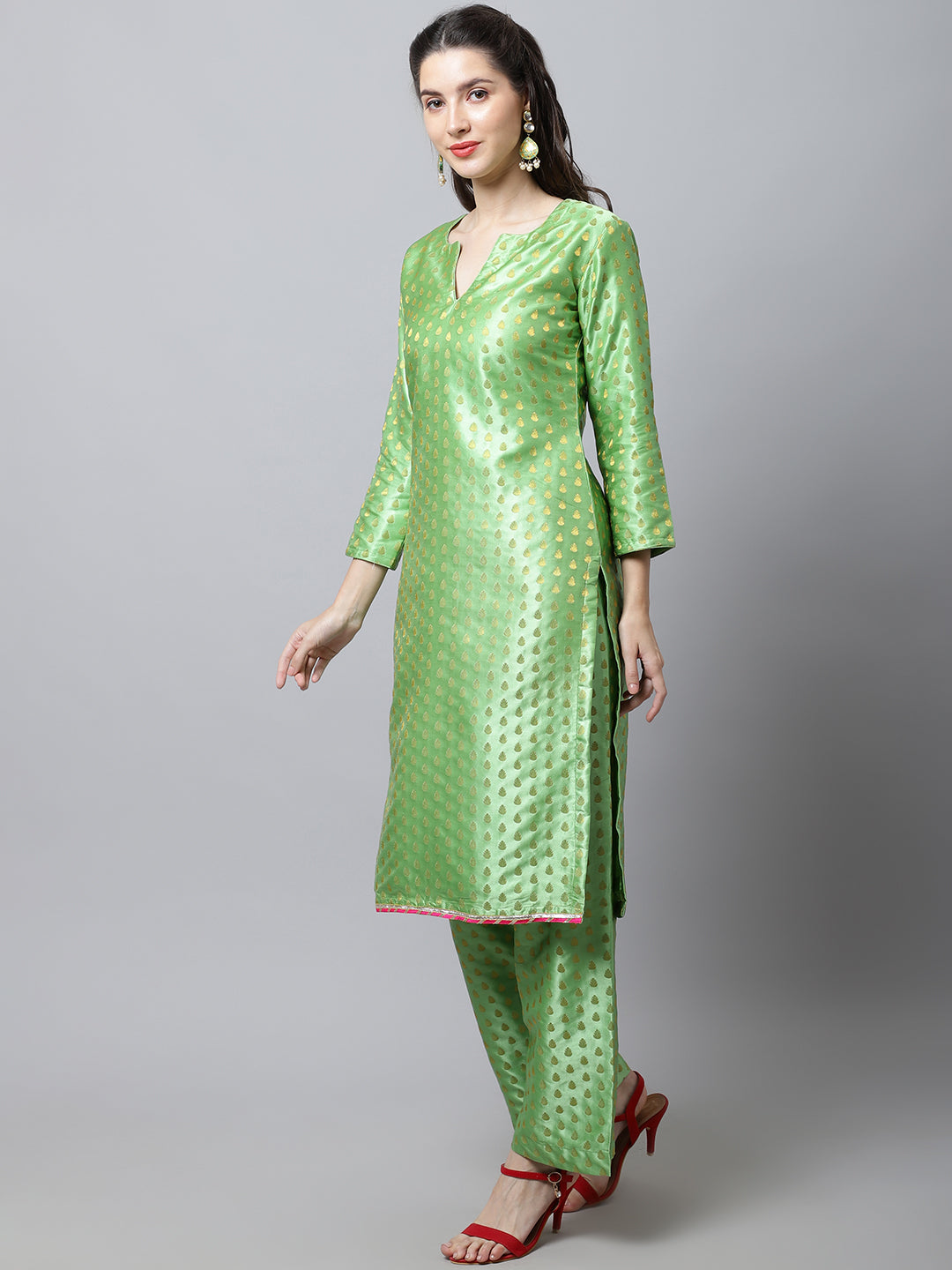 Women's Sahiba Green Brocade Straight Kurti With Straight Palazzo