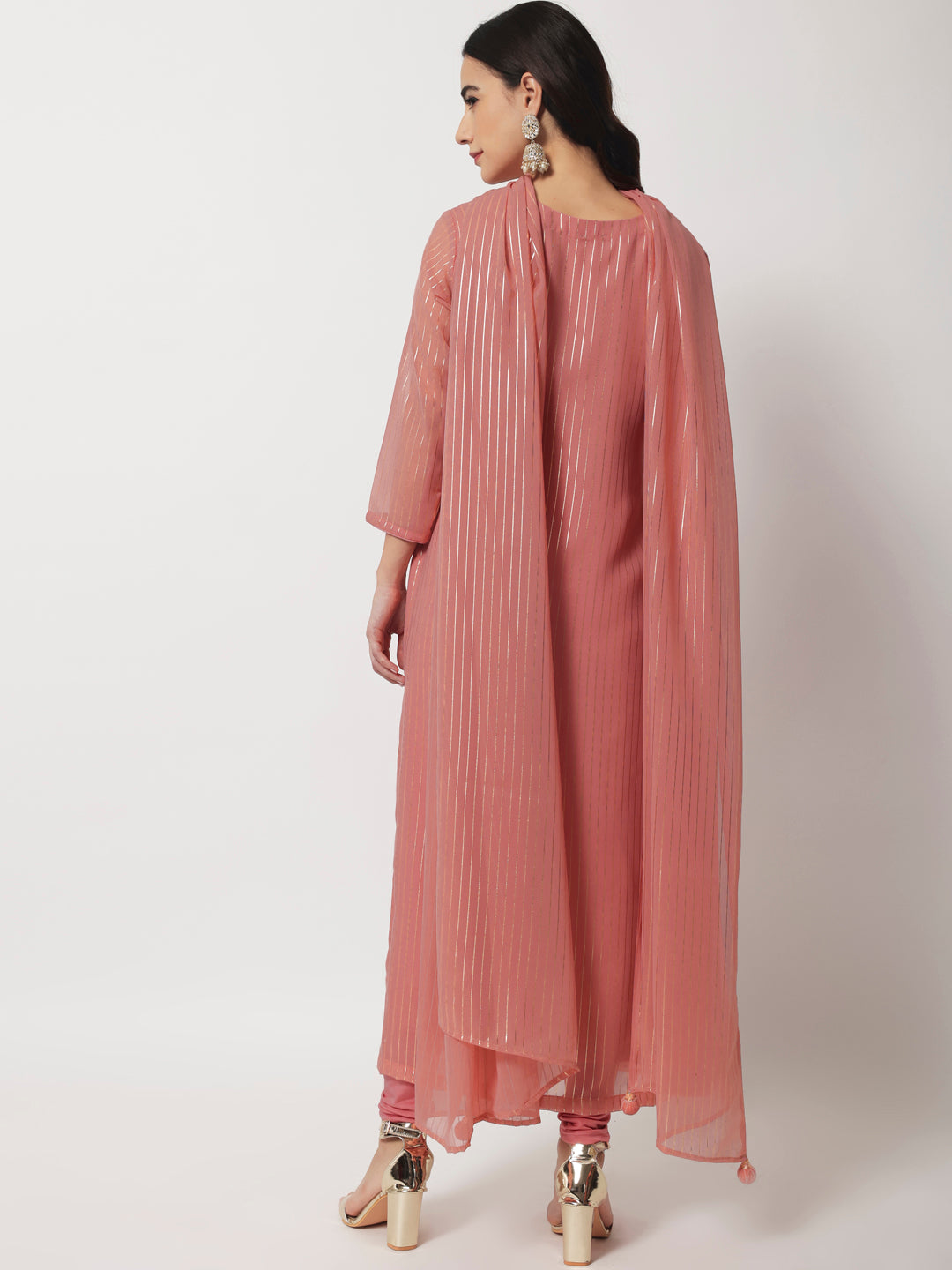 Women's Pink Glam Foil Lines Straight Kurti With Chudidar And Foil Dupatta
