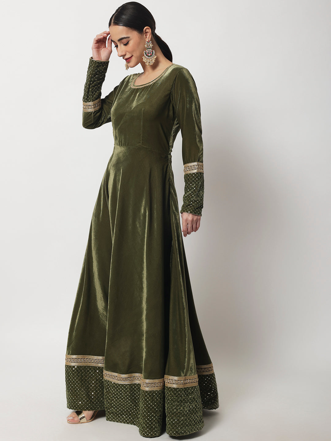 Women's Olive Green Shine Velvet Floorlength