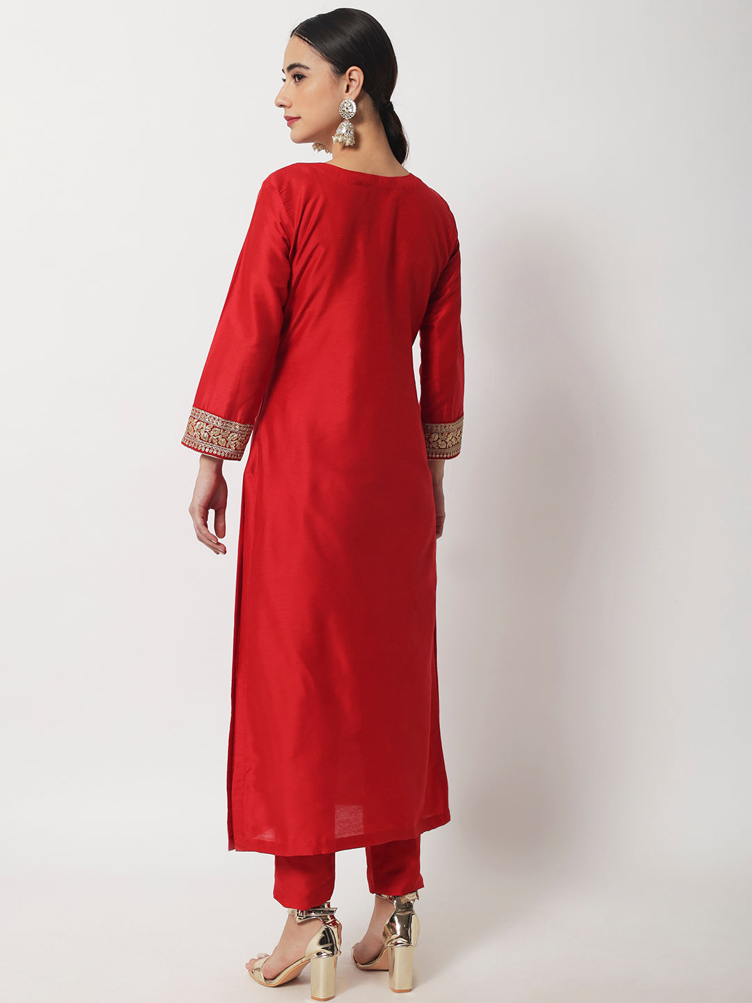 Women's Bridal Queen Red Silk Kurti With Straight Pants