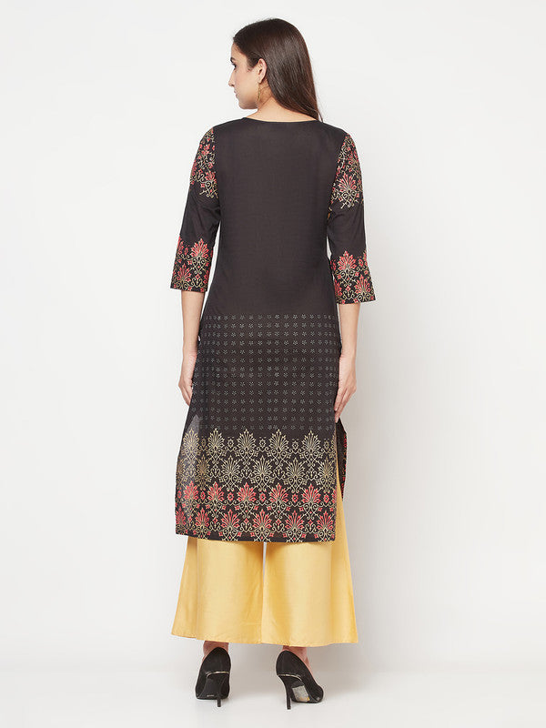 Women's Cotton Block print straight kurta,Bla