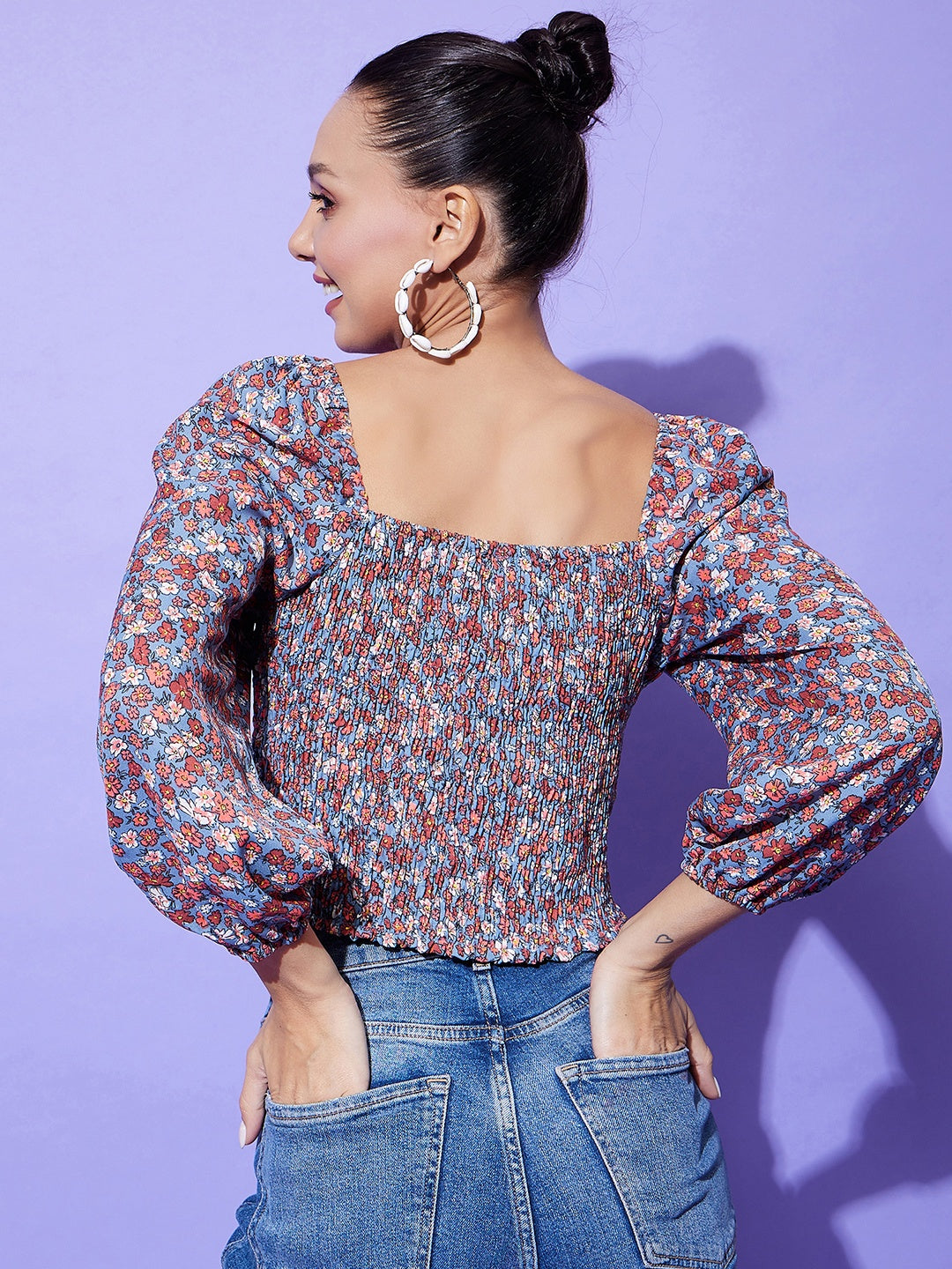 Women's Grey Floral Top With Smocking Detail
