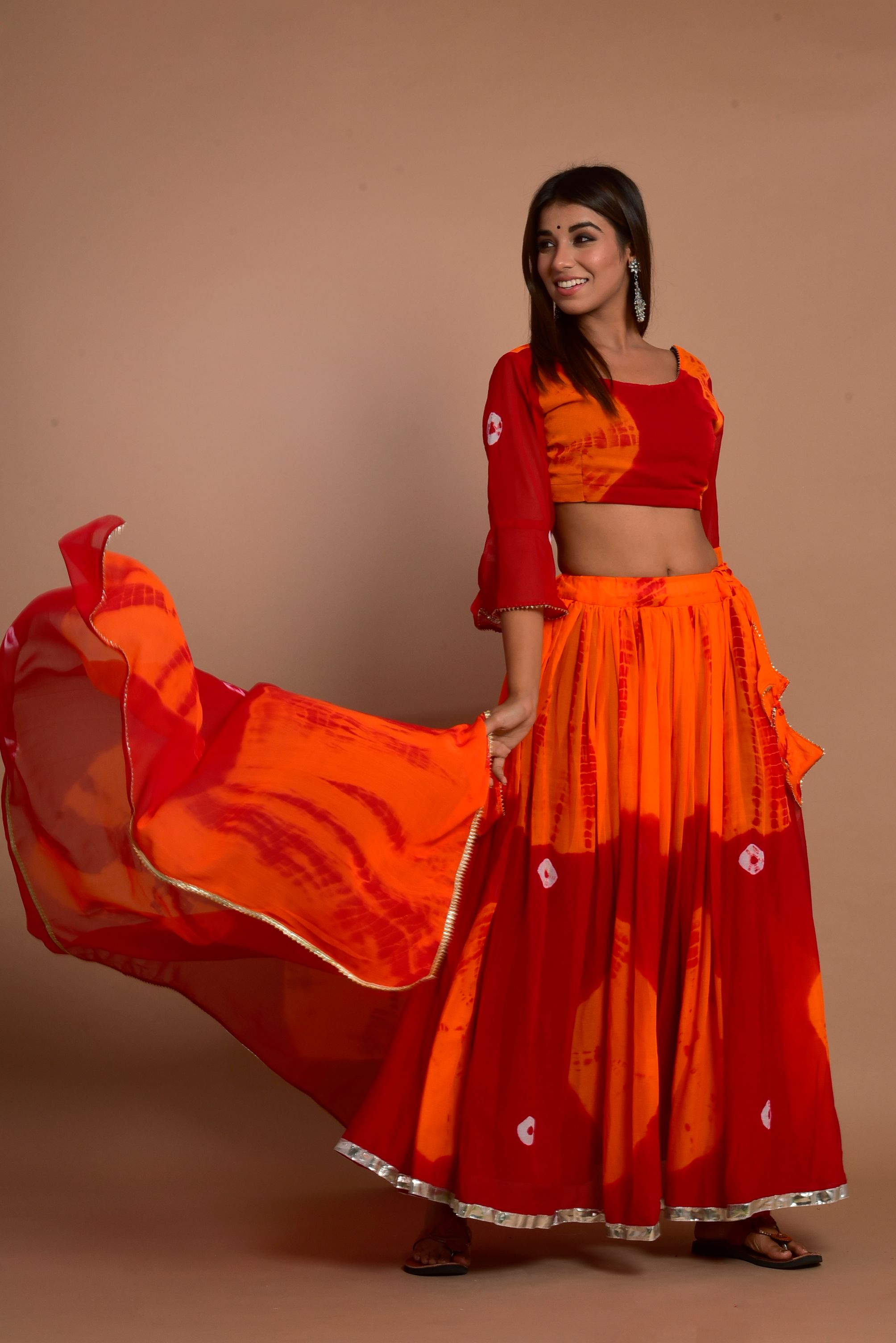 Women's Red Hand Tie And Die Lehenga Set