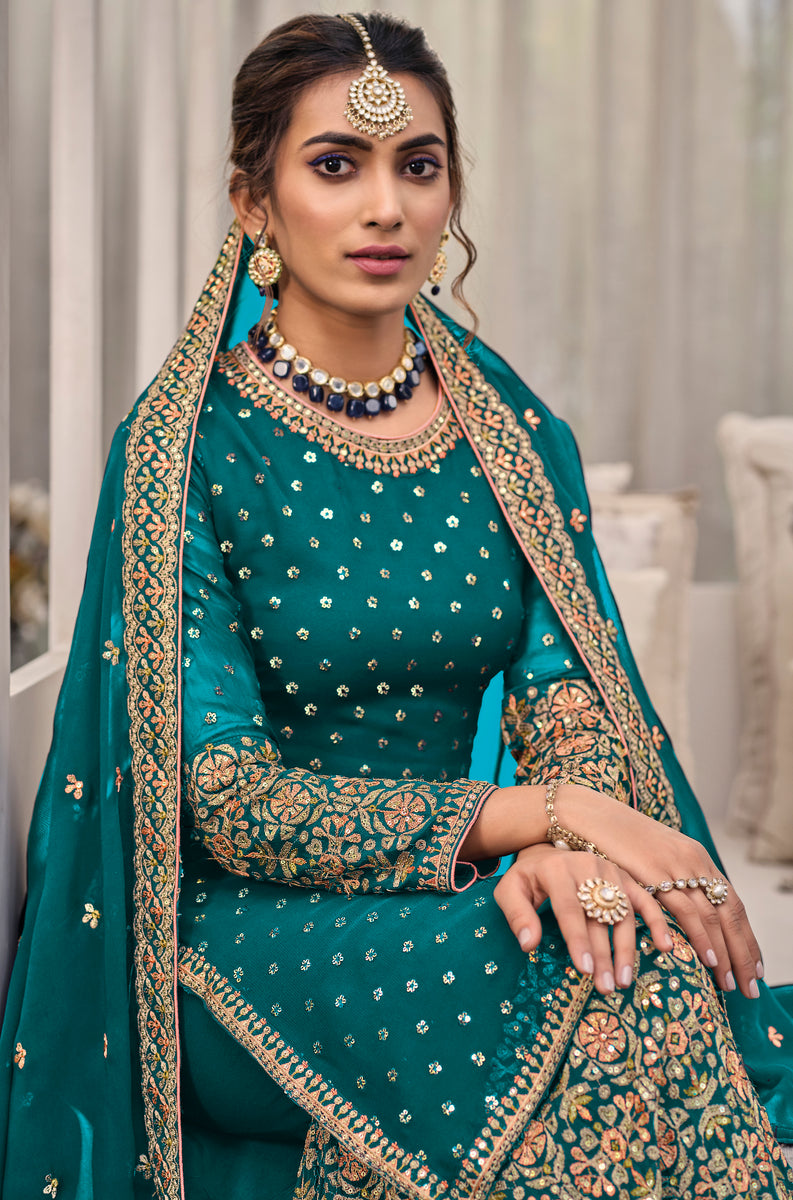 Women's Turquoise Blue Georgette Top Palazzo Dupatta Set Embroidery & Sequin Detailing