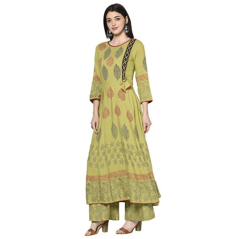 Women's Parrot Green Rayon Block print Anarkali Kurta