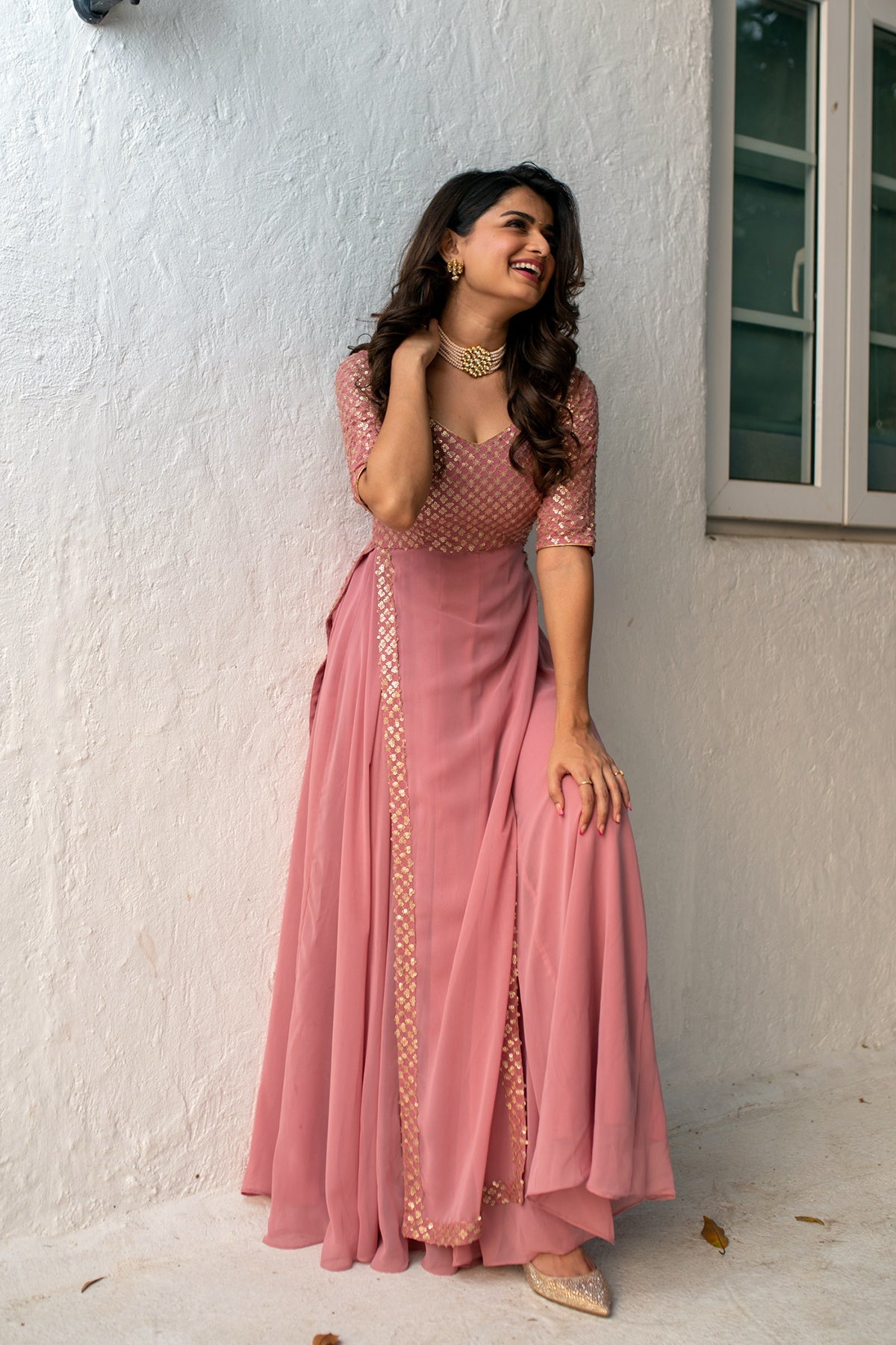 Women's Dusty Pink Sequin Pannel Long Gown