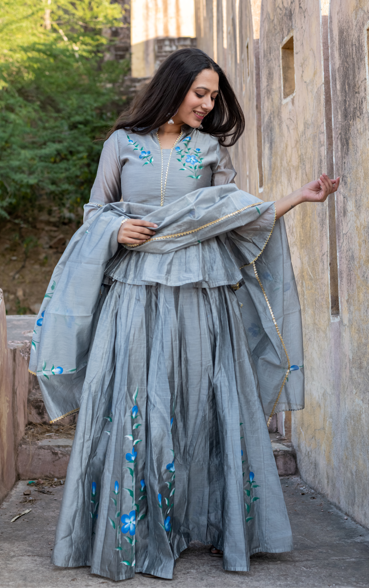 Women's Surili All-Over Hand Painted Chanderi Grey Lehenga Set