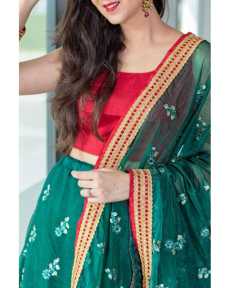 Women's Bottle Green And Red Lehenga Set (3pcs set)