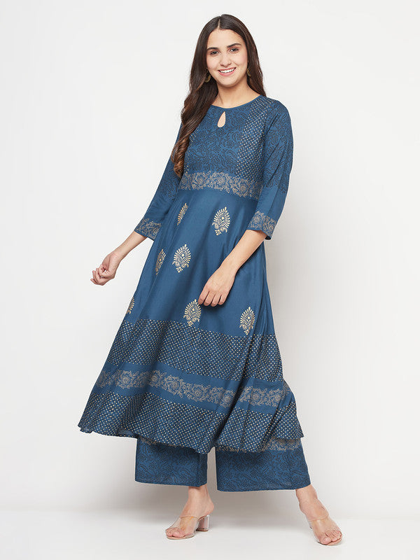 Women's Rayon Block print Anarkali palazzo set,Bl