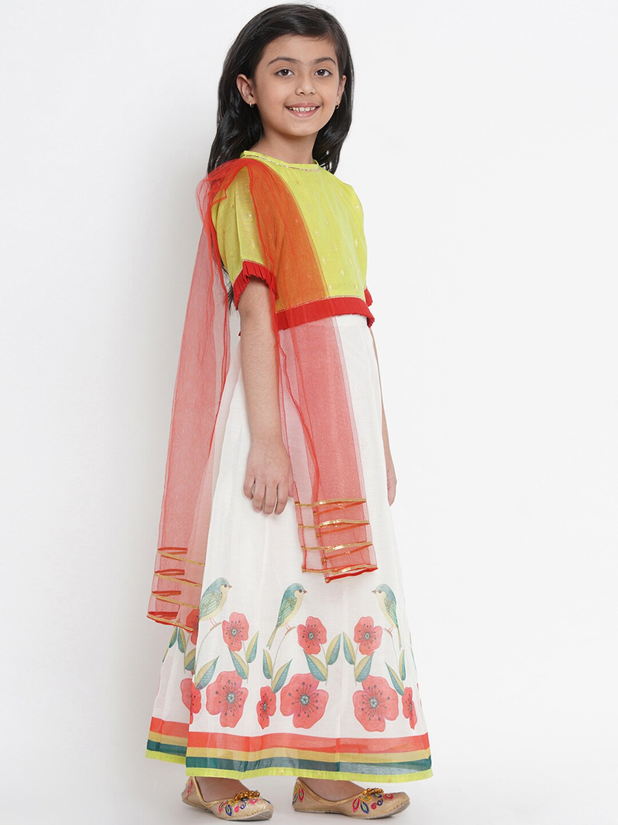 Girls Off-White & Lime Green Woven Design Ready To Wear Lehenga & Blouse With Dupatta