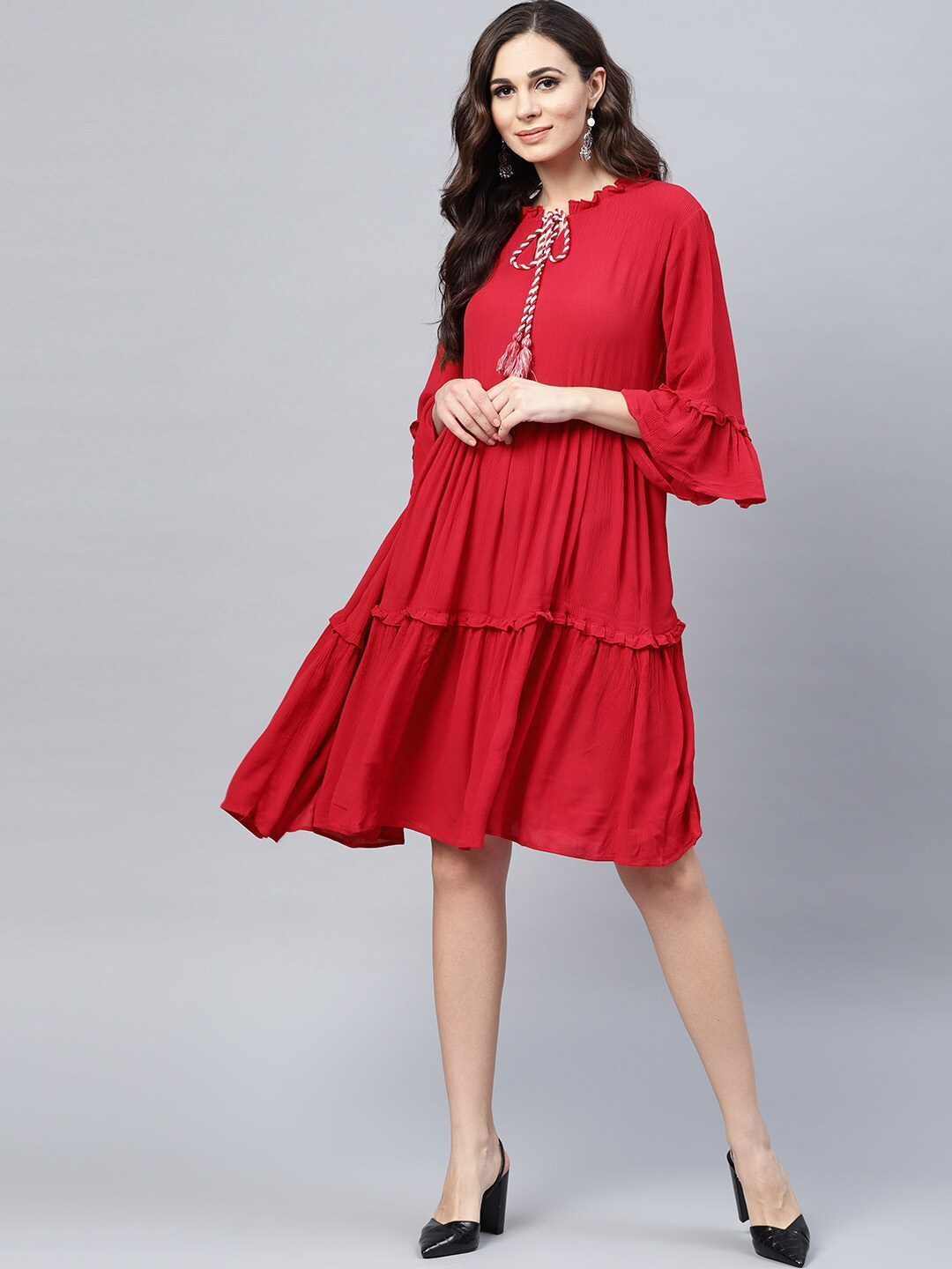 Women's Red Solid Tiered A-Line Dress