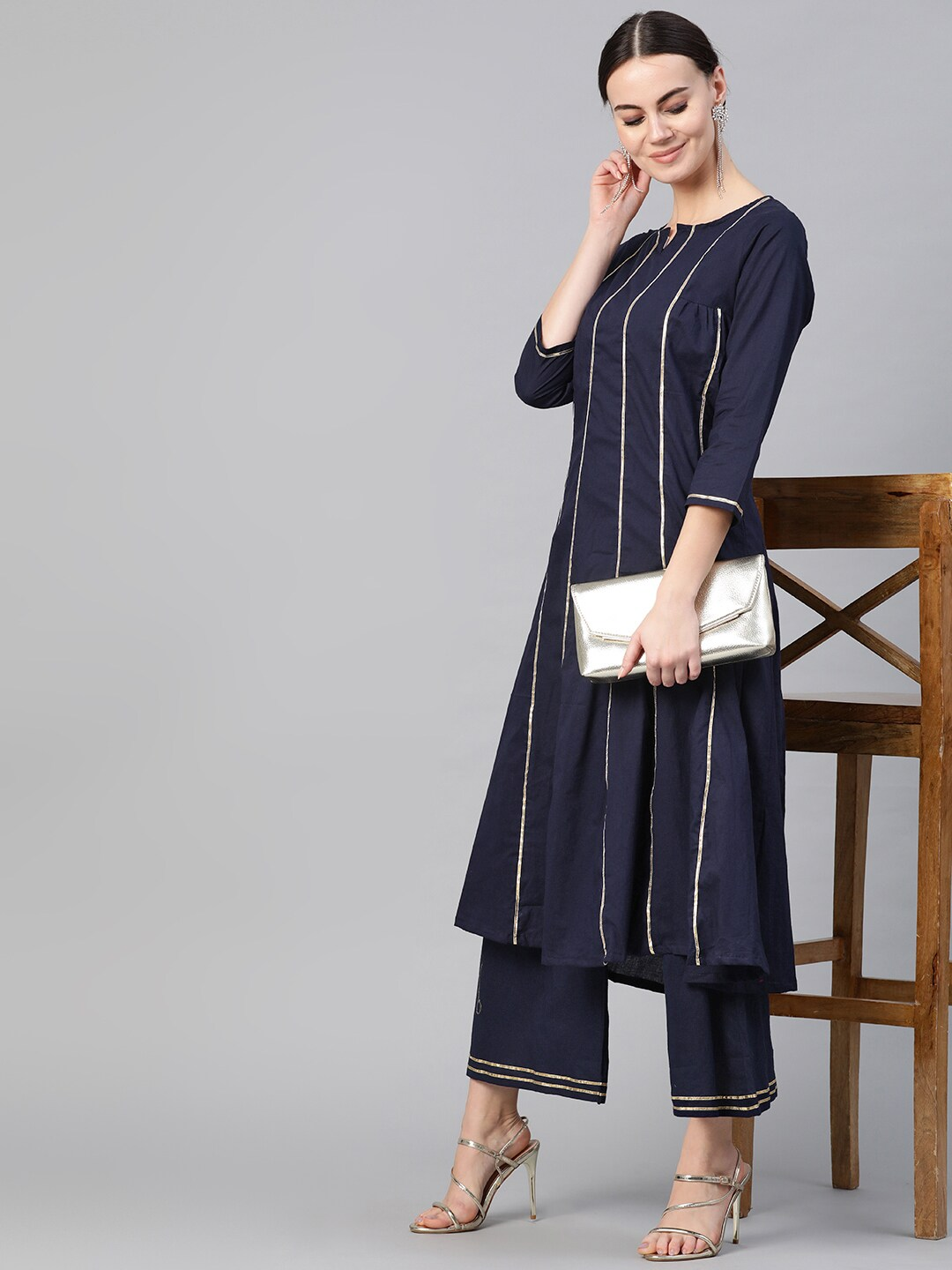 Women's Navy Blue Gotta Patti Striped Kurta With Palazzos
