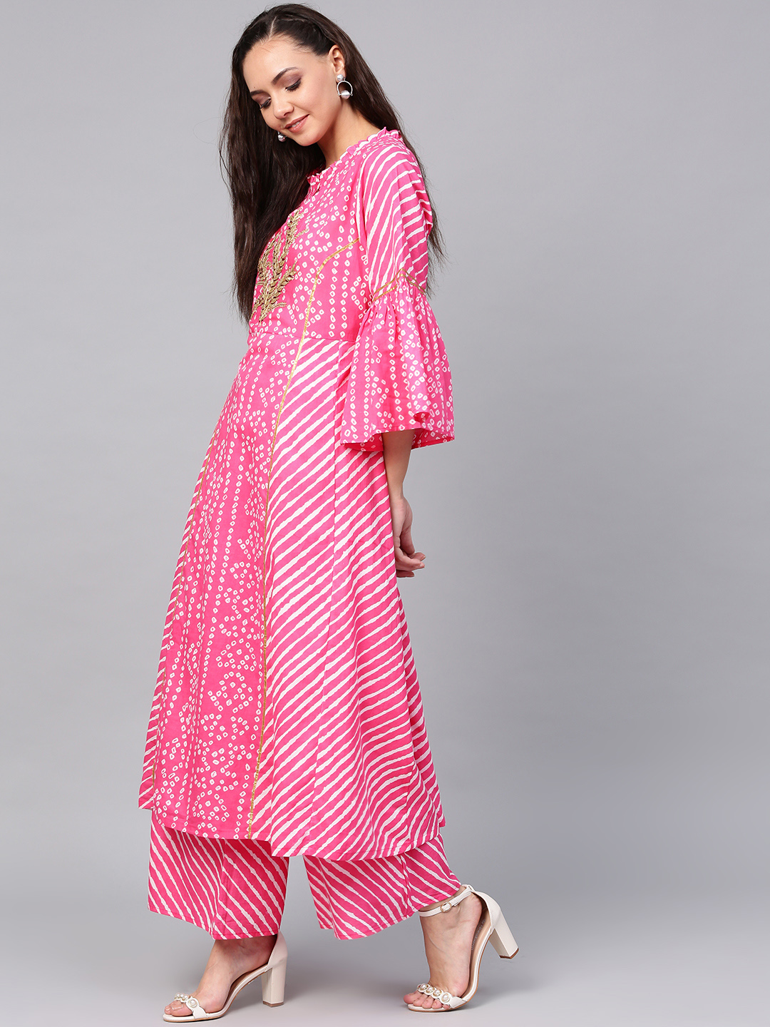 Women's Pink & White Bandhani Print Kurta With Palazzos