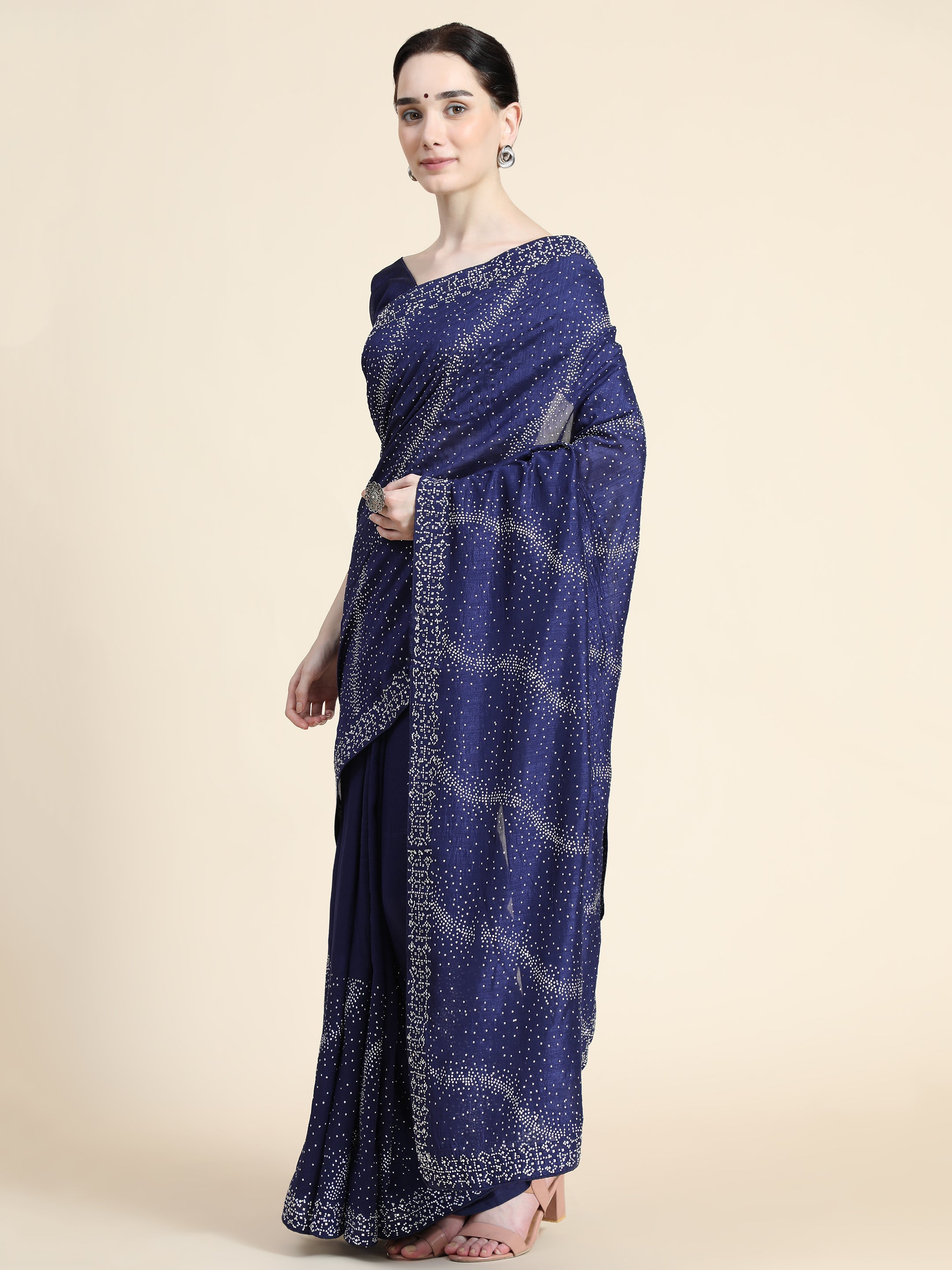Women's Vichitra Saree With Blouse Piece (NEVY BLUE)