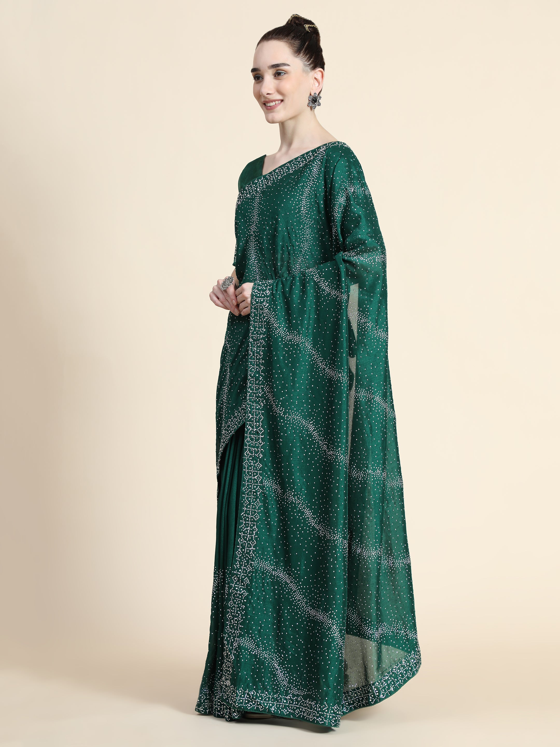Women's Vichitra Saree With Blouse Piece (BOTTLE GREEN)