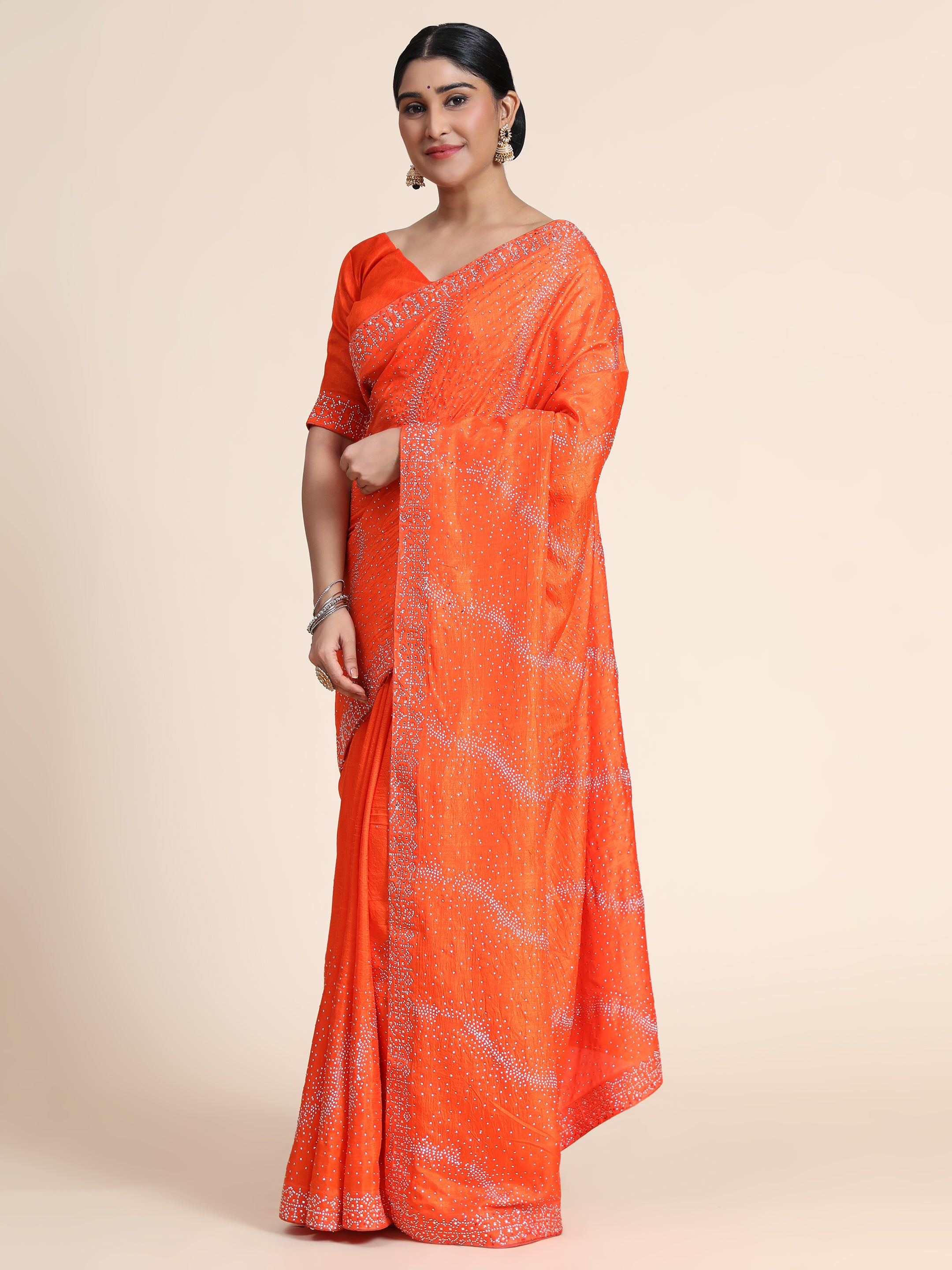 Women's Vichitra Saree With Blouse Piece (ORANGE)