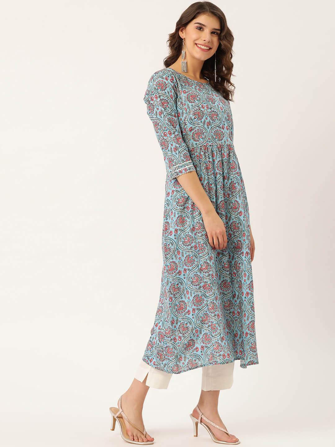 Women's Cotton Printed A-line Kurta Suit Set With Dupatta