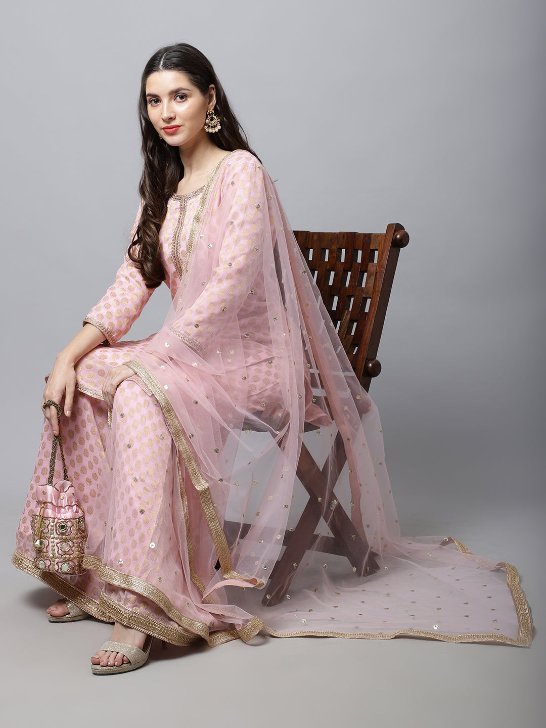 Women's Baby Pink Straight Banarasi Kurti With Flared Palazzo And Dupatta