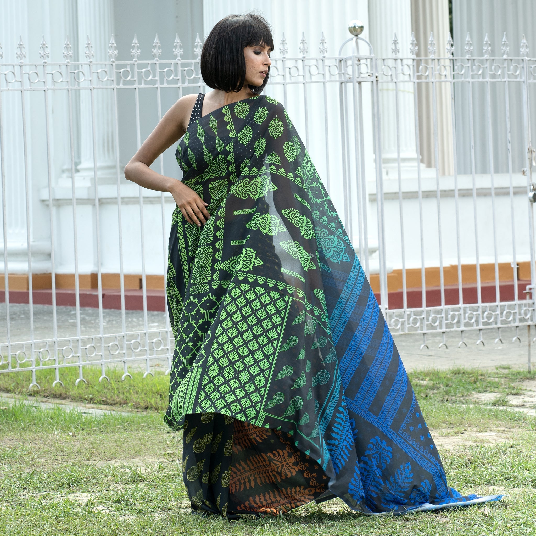 Women's Indian Stencil Digital Printed Satin Georgette Saree
