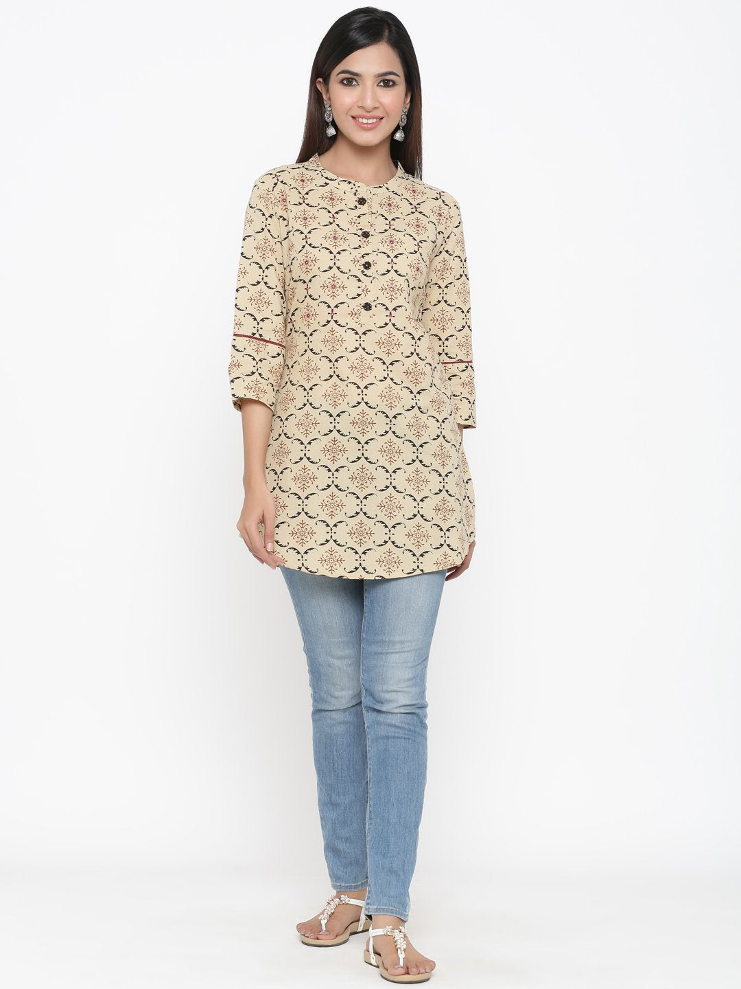 Women's Printed Cream Short Kurta by Kipek- (
