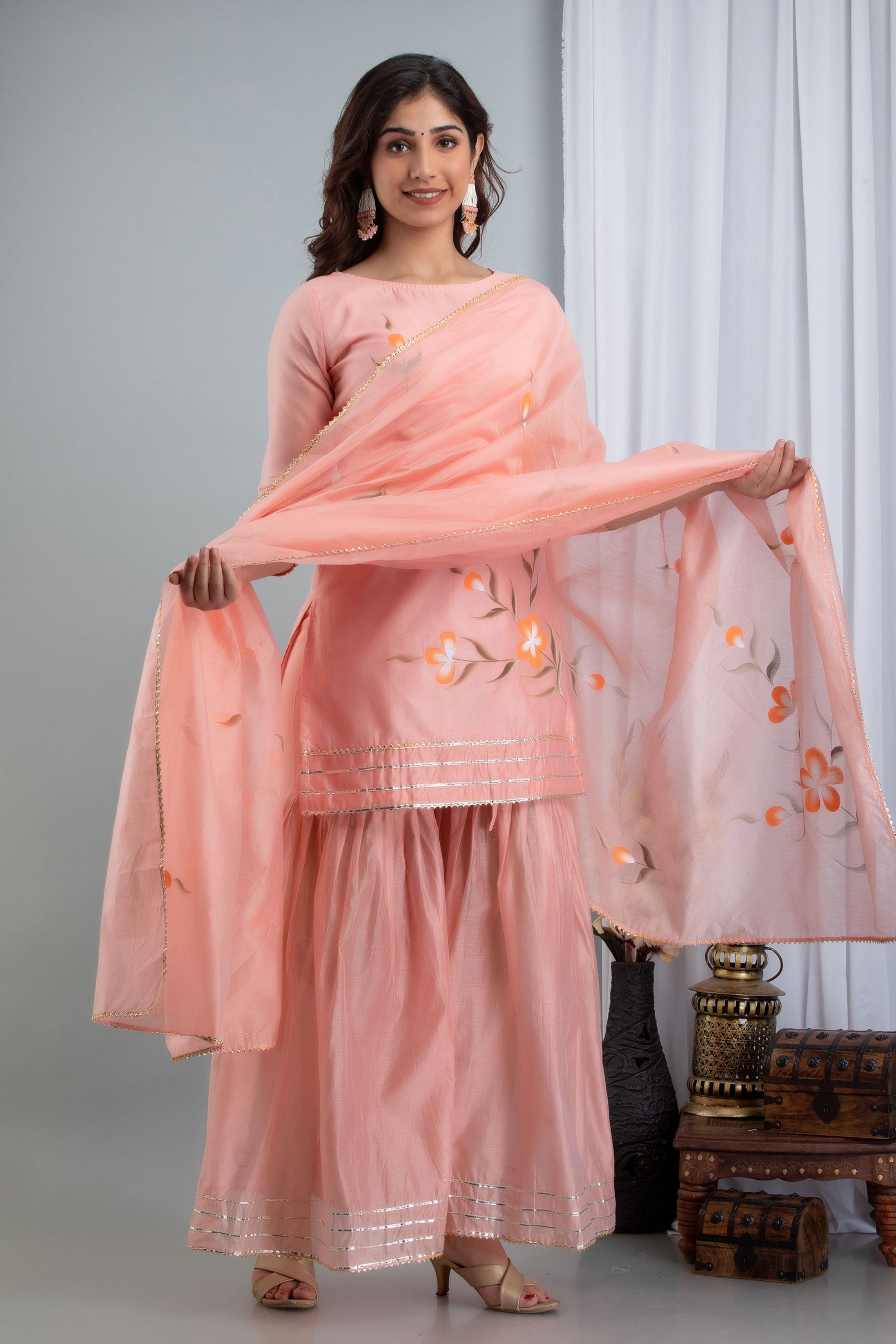 Women's Zubeida Three-Piece Set Comprising Hand Painted Chanderi Kurta Sharara And Dupatta
