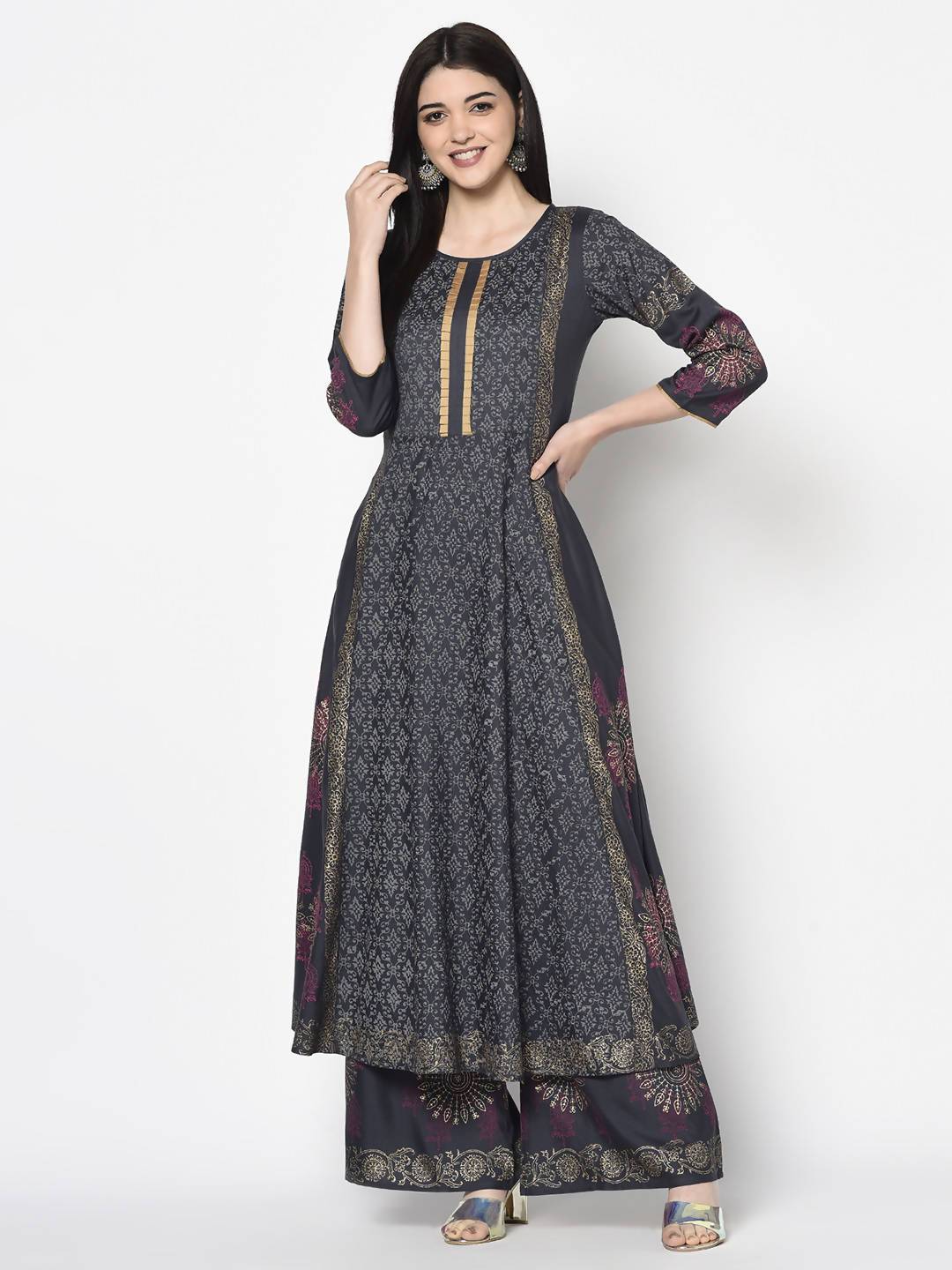Women's Dark Grey Rayon Block Print Flared slip-on Palazzo