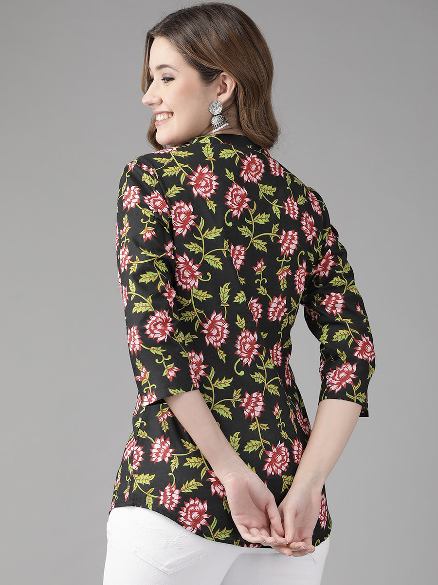 Black Floral Mandarin Collar Shirt Style Top