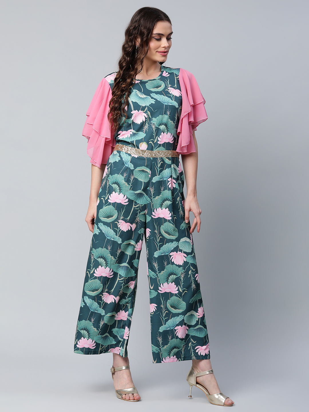 Women's Dark Green Crepe Printed Jumpsuit
