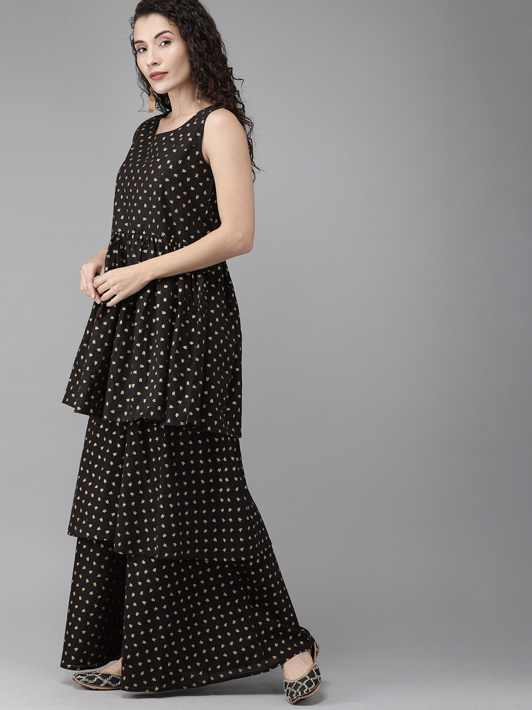 Women's Black Cotton Gold Print Kurta Sharara Set With Dupatt