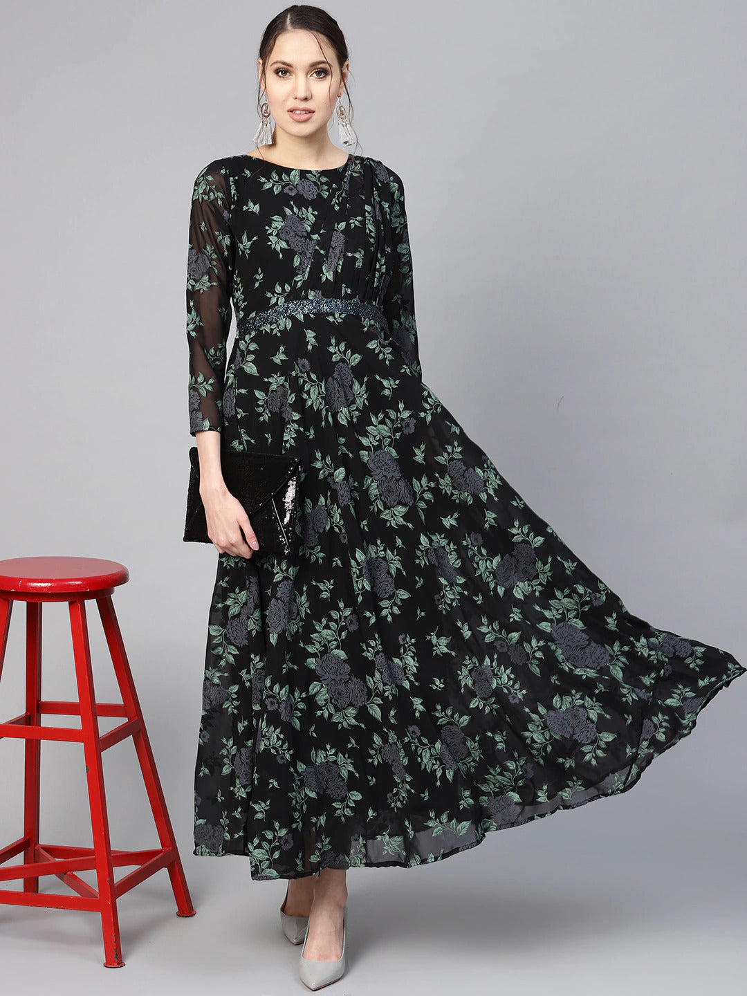 Women's Black Georgette Floral Printed Gow