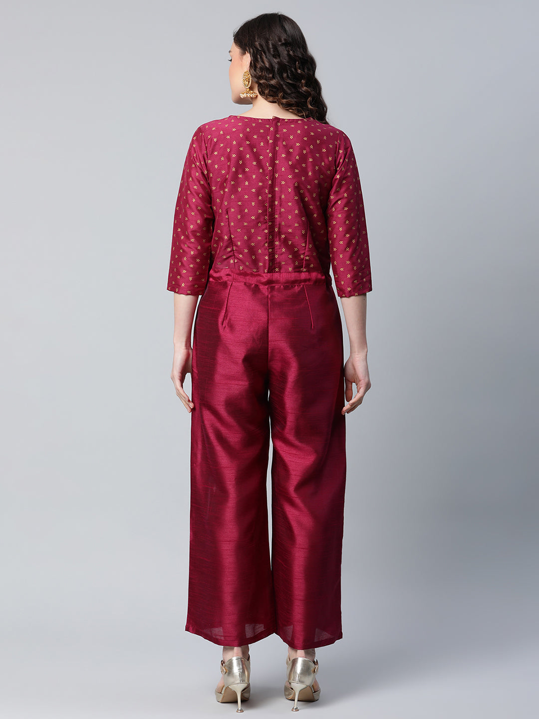 Women's Burgundy Crepe Printed Jumpsuit