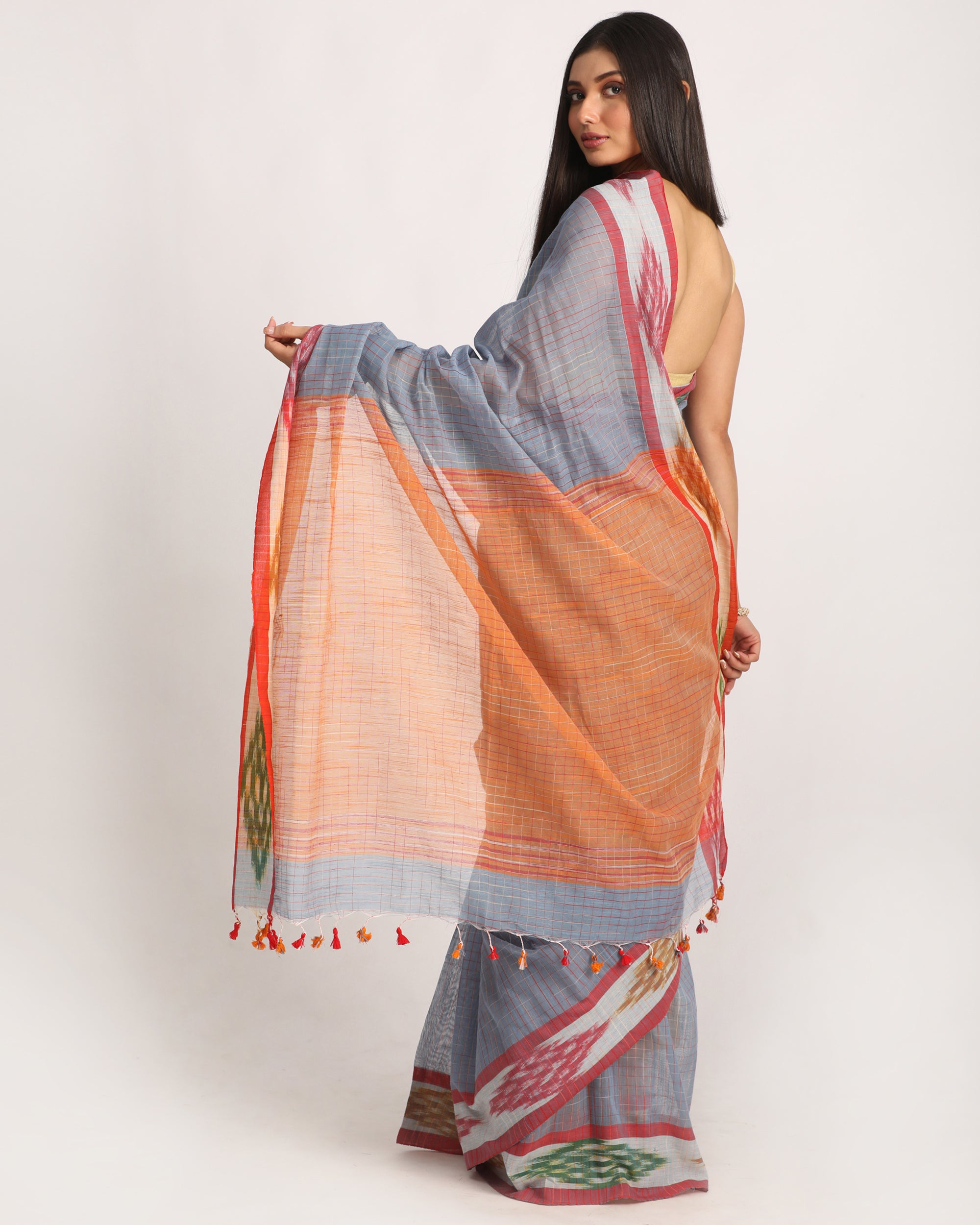 Women's Kotki Border Deep Grey Cotton Blend Handloom Saree