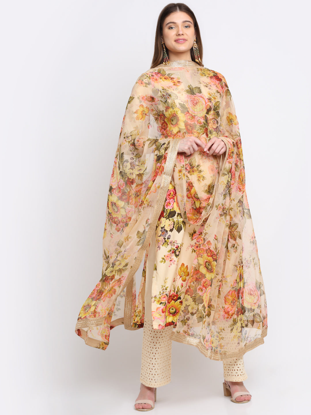 Women's Lemon Floral Kurti With Straight Palazzo And Chiffon Dupatta