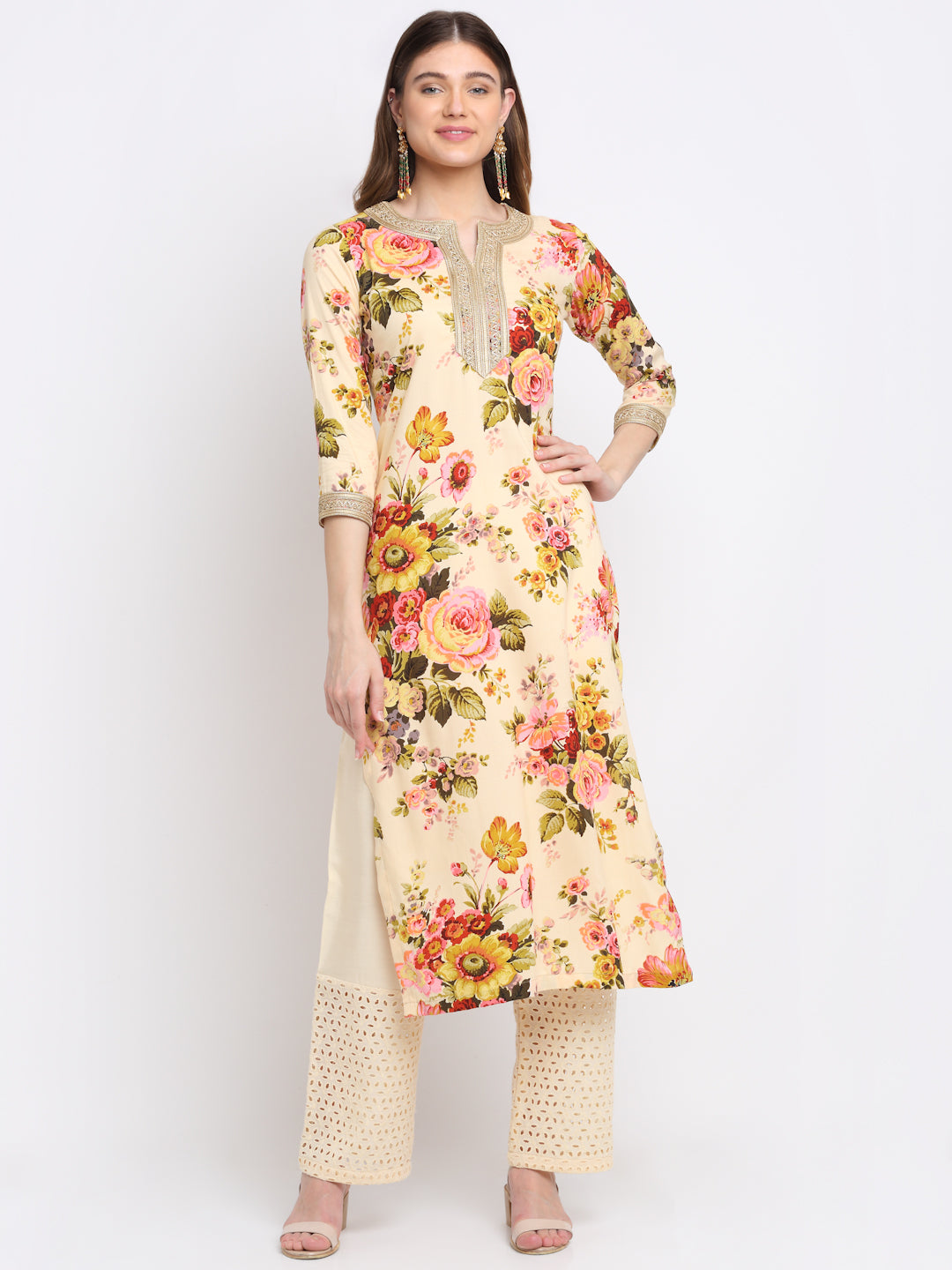 Women's Lemon Vanila Floral Kurti With Straight Palazzo Co-Ord Set