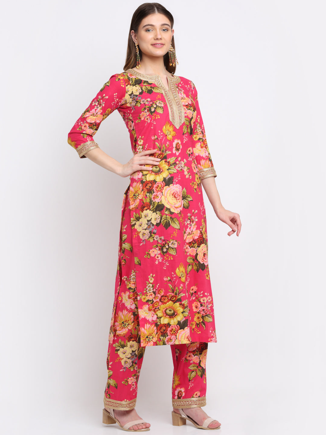 Women's Pink Floral Kurti With Straight Palazzo Co-Ord Set
