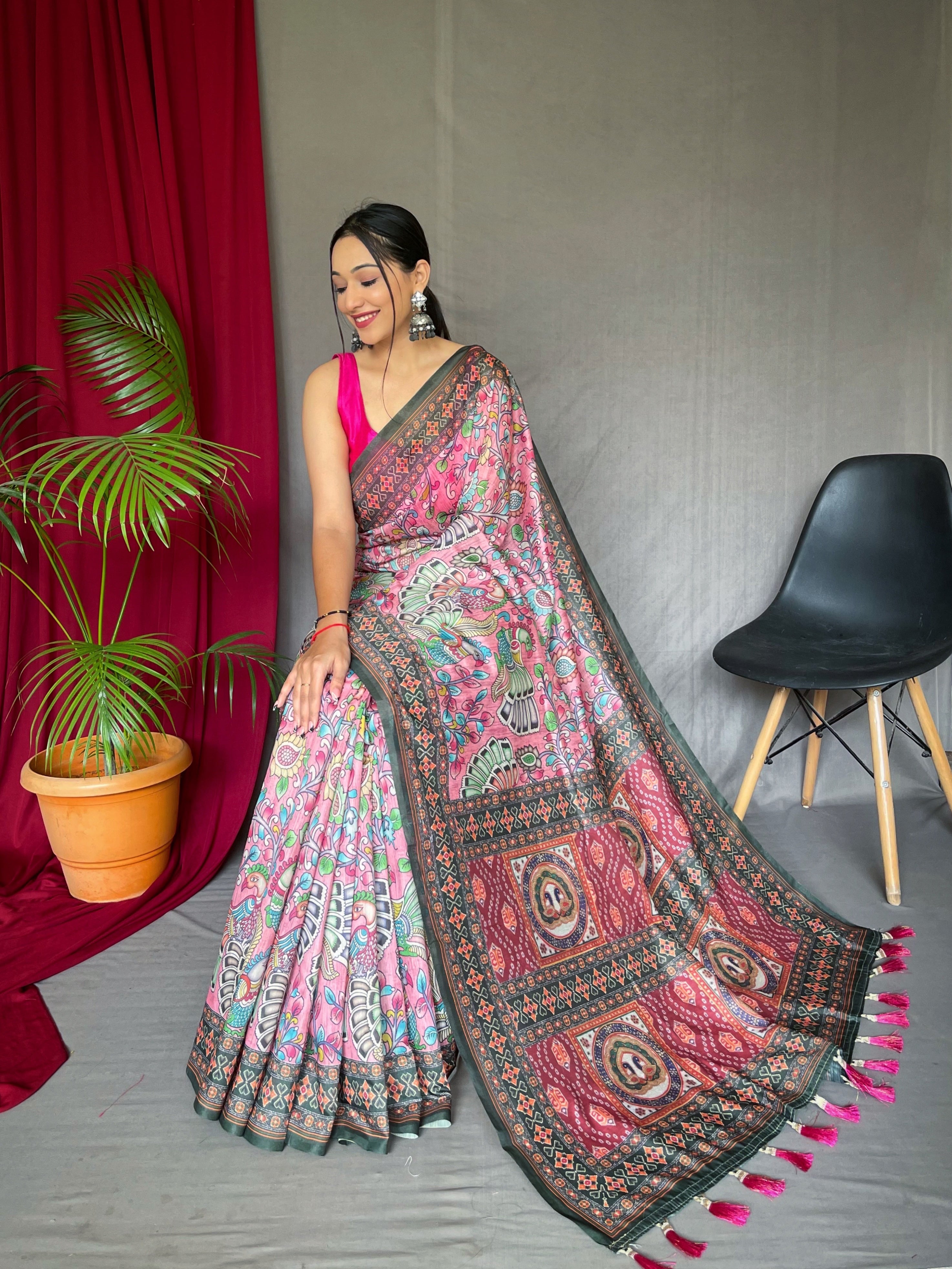 Women's Pink Color Cotton Bandhani Kalamkari Printed Saree Pink