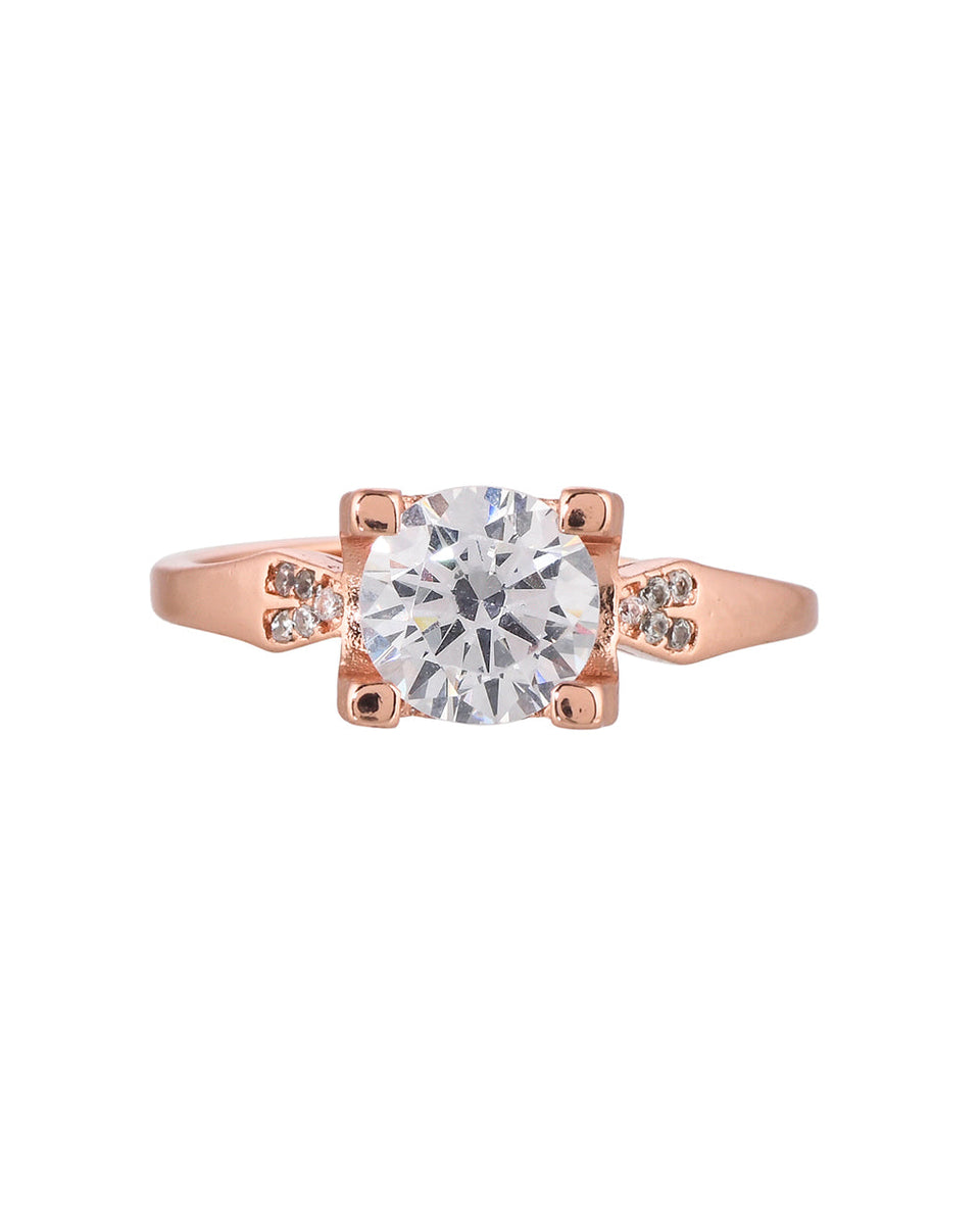 Women's Four Prong Setting Round Cut Cz Rose Gold Plated Brass Ring - Voylla