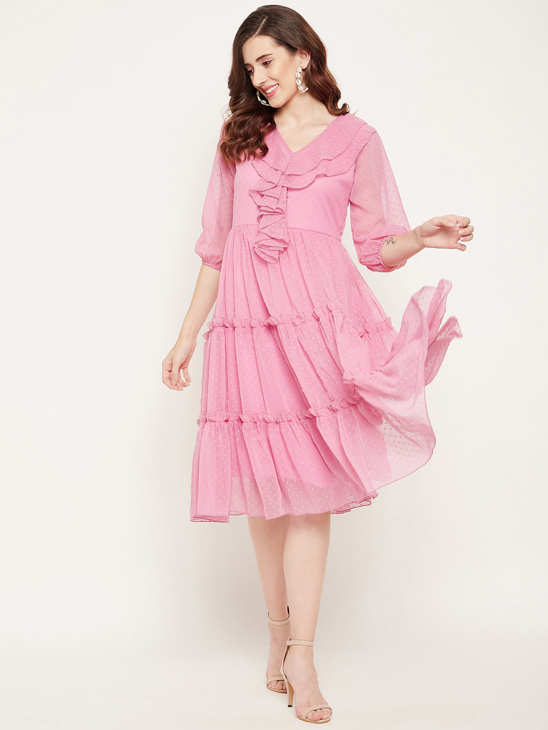georgette pink dress Fuchsia Pink Flared Georgette Maxi Dress | EST-WMJ-2092