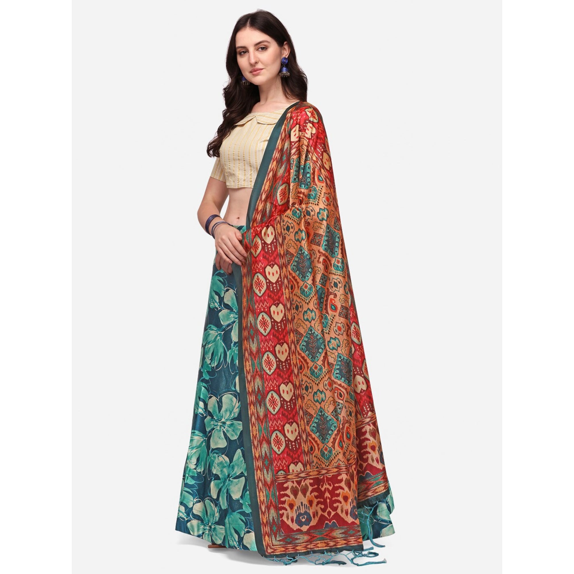 Women's Digital Print Shiney Satin Semistitched Lehenga Choli With Unstitched Blouse And Thred Work Dupatta