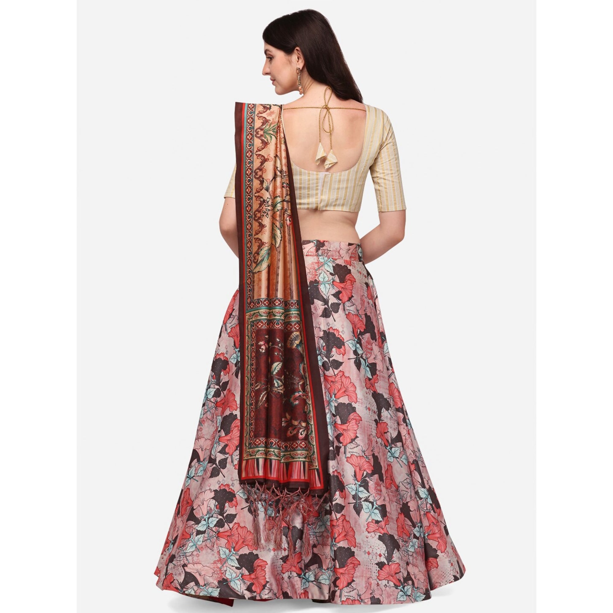 Women's Digital Print Shiney Satin Semistitched Lehenga Choli With Unstitched Blouse And Thred Work Dupatta