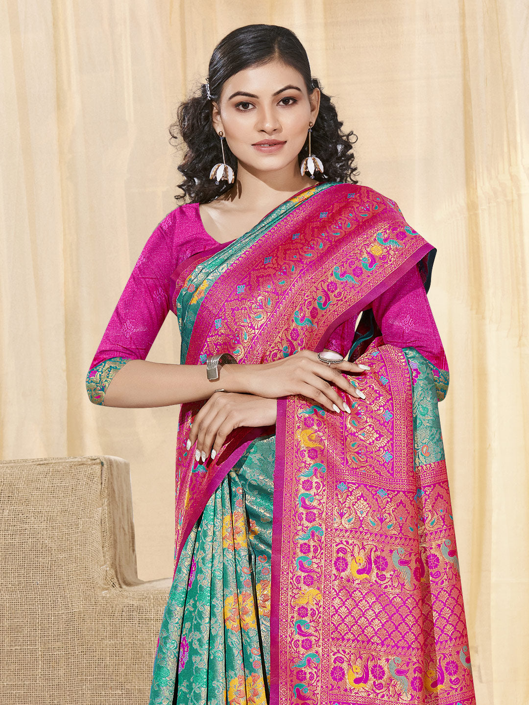 Women's Sea Green KanJivaram Silk Woven Work Traditional Tassle Saree