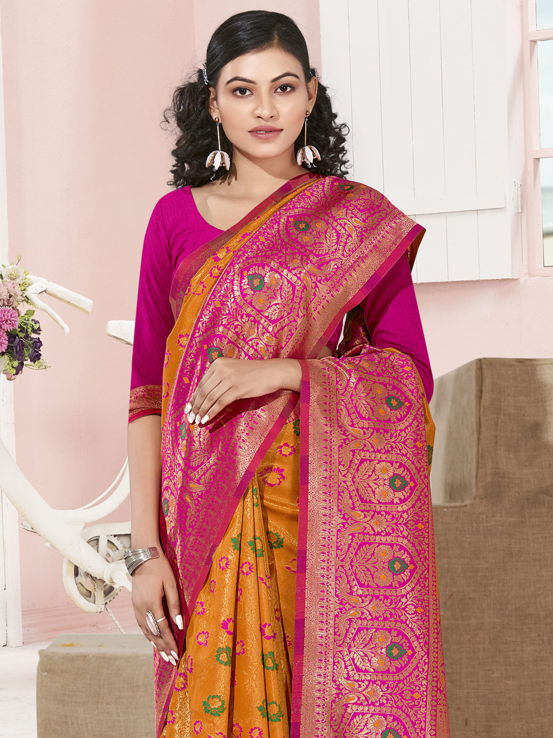 Women's Yellow KanJivaram Silk Woven Work Traditional Tassle Saree