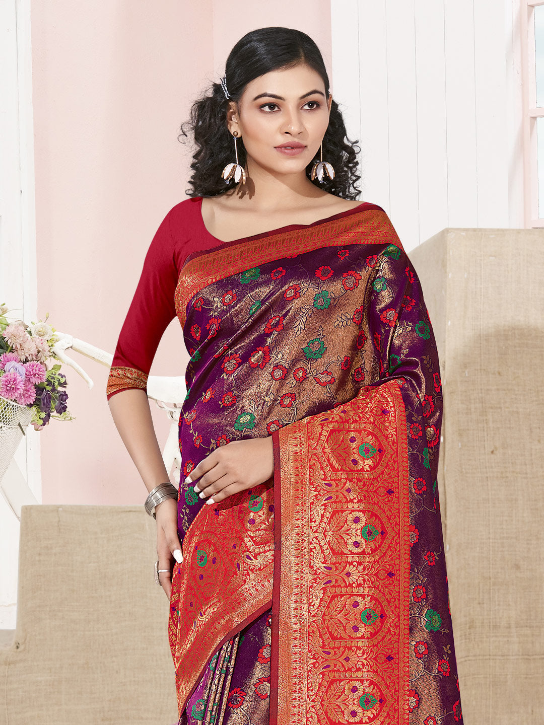 Women's Purple KanJivaram Silk Woven Work Traditional Tassle Saree