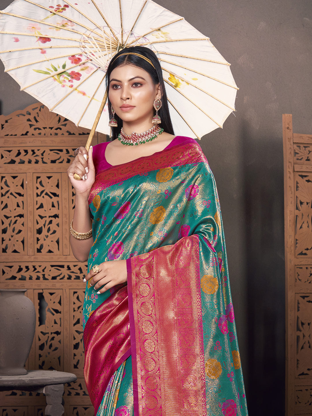 Women's Sea Green KanJivaram Silk Woven Work Traditional Tassle Saree