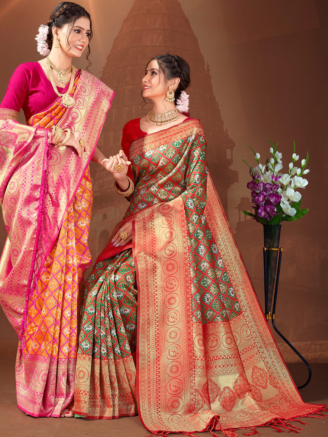 Women's Red Patola Silk Woven Work Traditional Tassle Saree