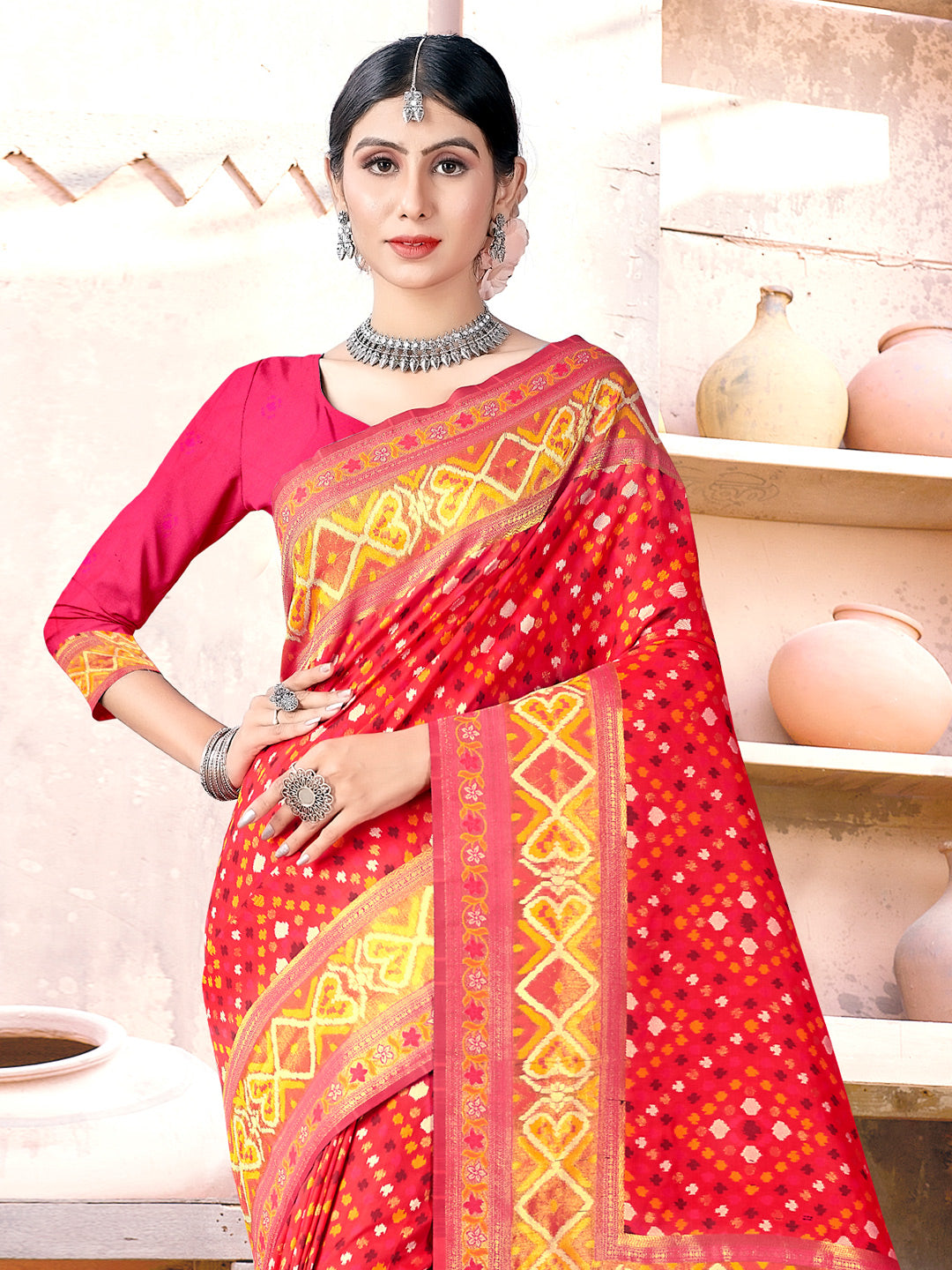 Women's Red SILK Woven Zari Work Traditional Tassle Saree