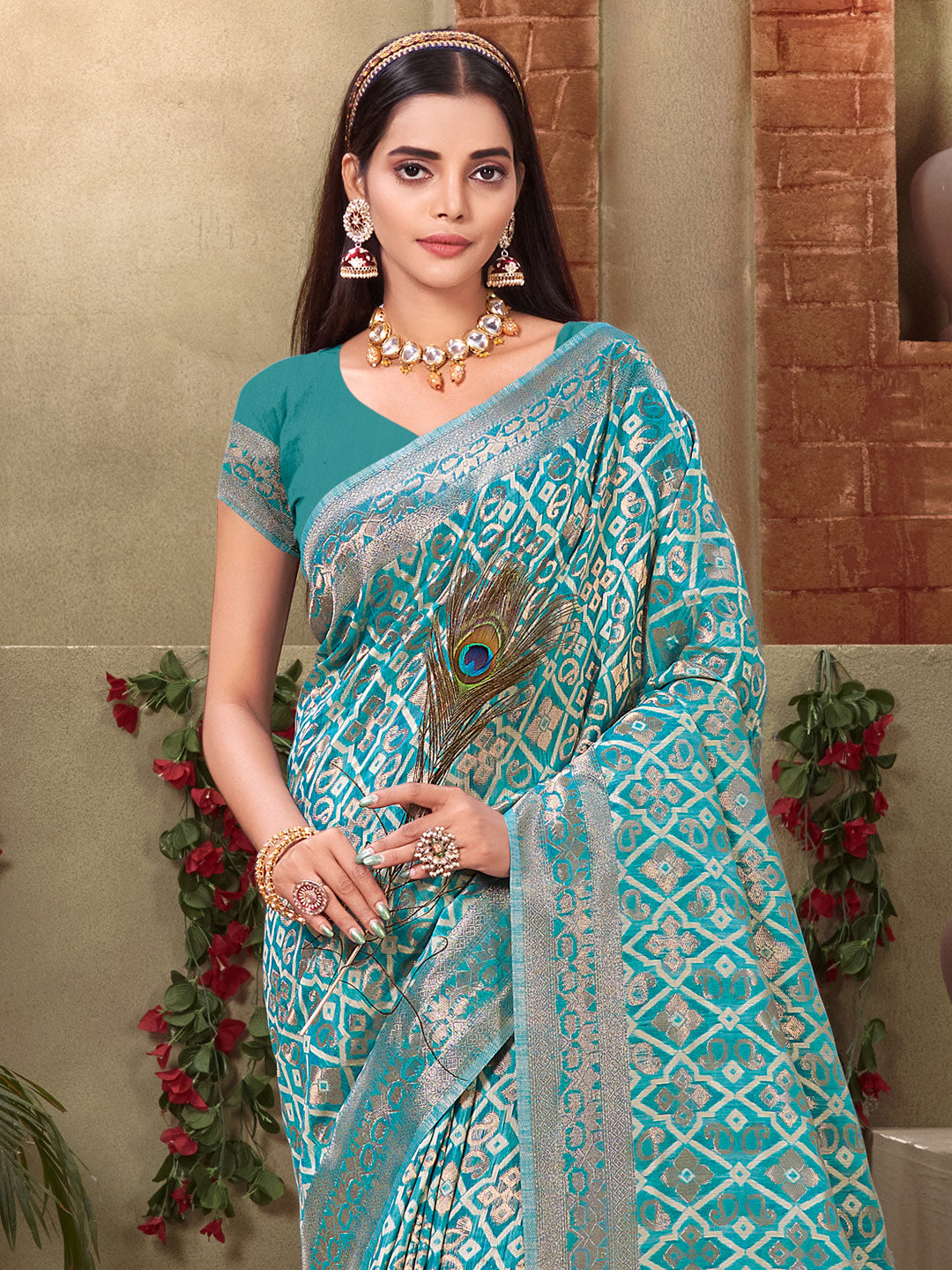 Women's Sky Blue Cotton Woven Work Traditional Tassle Saree